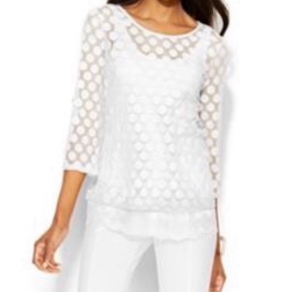 Alfani White Polka Dot Tab Sleeve Lace Floral Hem Top Size SP